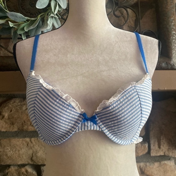 XHILARATION-BLUE AND WHITE STRIPED BRA - Picture 1 of 5